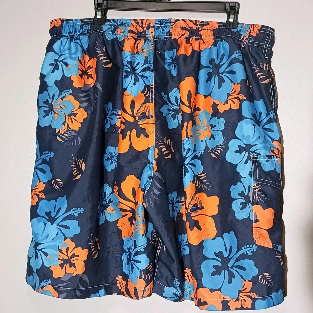 Six Islands Mens 3X Swim Trunks Navy Blue Orange Hibiscus Floral Tropical Shorts